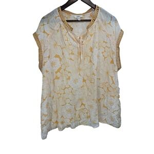 COMO BLU 2X Short Sleeve Gauzy floral blouse sheer light breathable boho plus